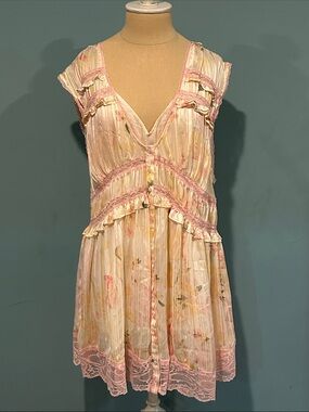 Free People Spring Fling Mini Dress in Tea Combo sz Small Yellow Pink Lace